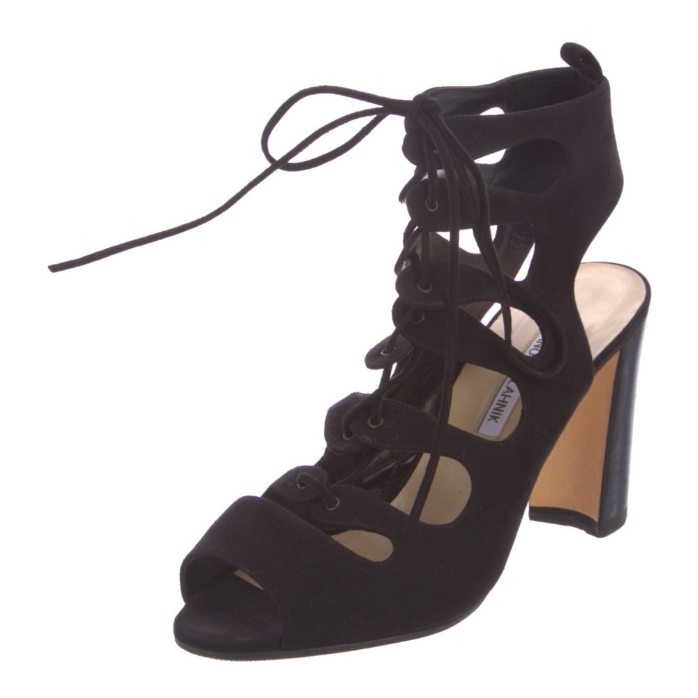 Manolo Blahnik Attal Black Suede Gladiator Lace-up Heeled Sandals - Like new - Picture 4 of 16